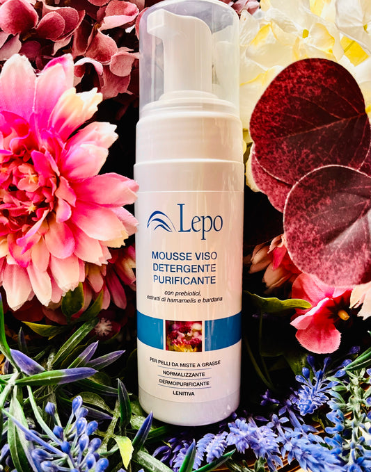 Lepo cosmetici-MOUSSE VISO DETERGENTE PURIFICANTE con prebiotici, estratti di hamamelis e bardana