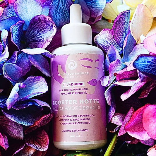 BOOSTER NOTTE AGLI ALFAIDROSSIACIDI  DIVA DIVINE con acido malico e mandelico, vitamina C, niacinamide, calendula e cetriolo ad azione esfoliante. Indicato per rughe, punti neri, macchie e impurità. 