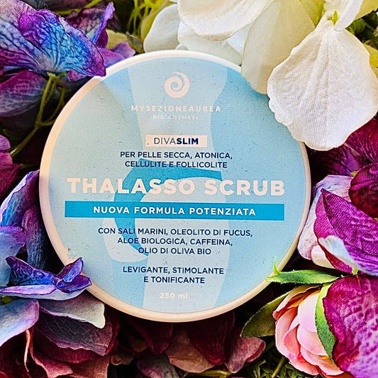 Nuovo Thalasso Scrub della linea DIVA SLIM, FORMULA POTENZIATA per pelle secca, atonica, cellulite e follicolite.  Con sali marini, oleolito di fucus, aloe biologica, caffeina e olio di oliva BIO ad azione Levigante, Stimolante e Tonificante.  Non unge, profumazione delicata e piacevole e...bellissima colorazione tiffany!