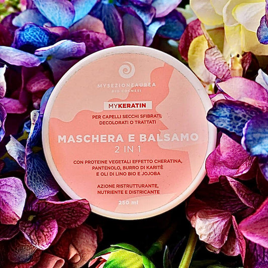 MASCHERA E BALSAMO 2in1&nbsp;MY KERATIN, con proteine vegetali effetto cheratina, pantenolo, burro di karitè e oli di lino bio e jojoba.&nbsp;Ad azione ristrutturante, nutriente e districante, è indicata per capelli secchi, sfibrati, decolorati o trattati.