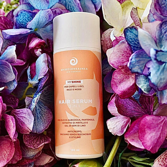HAIR SERUM 3in1 MY SHINE con olio di albicocca, pantenolo, estratto di mirtillo e gel di semi di lino.  Anticrespo, balsamo senza risciacquo e styling  Indicato per capelli lisci, ricci e mossi
